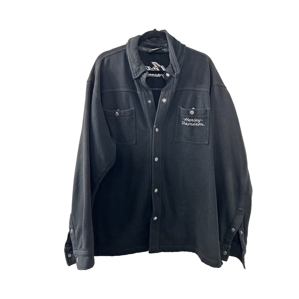 Harley Davidson Embroidered Shirt Jacket XL Black Fleece Lined Biker Moto Grunge